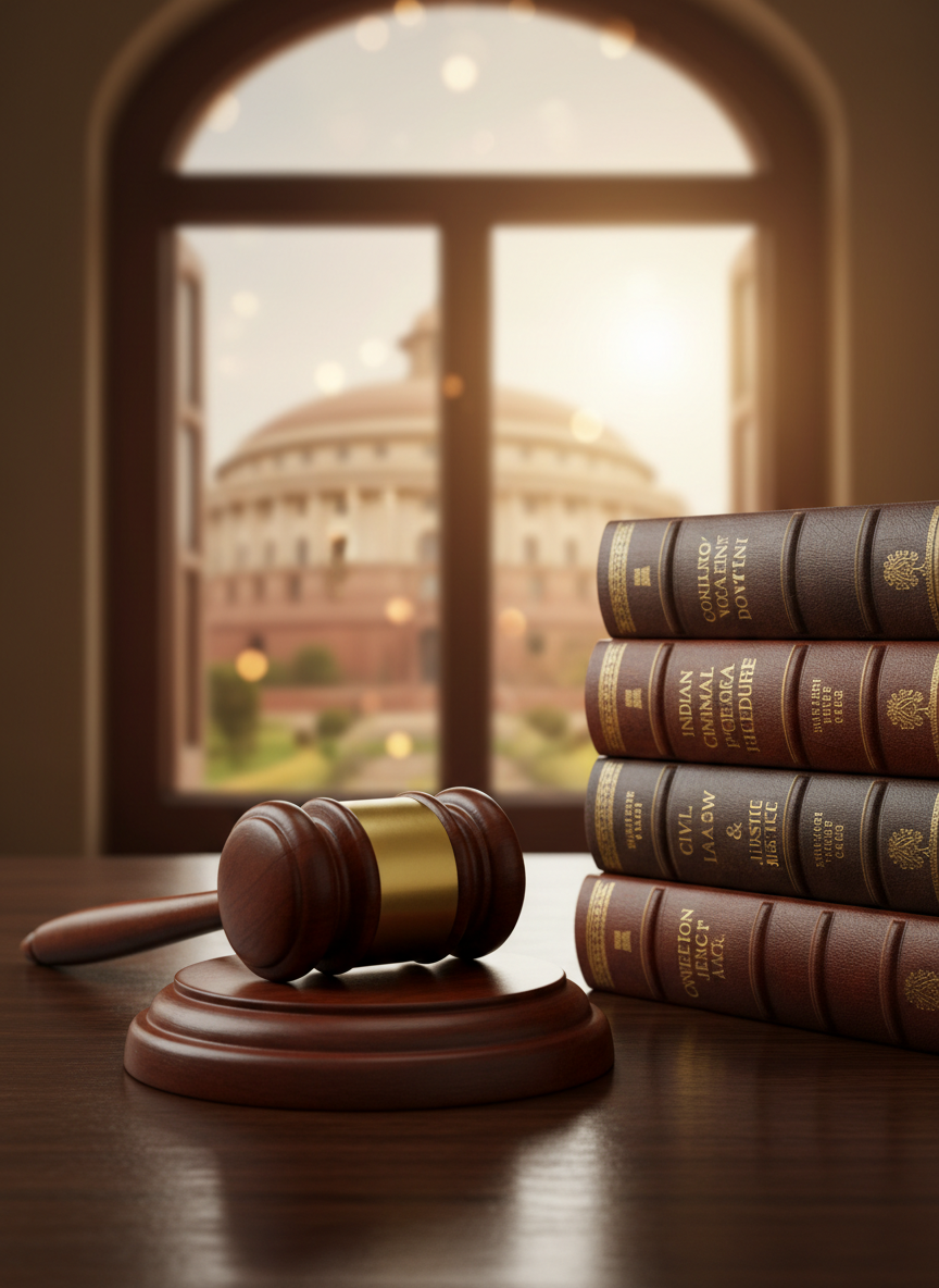 A polished wooden judge’s gavel and matching sound block resting on a dark mahogany desk, beside a neatly stacked bundle of well‑used legal books embossed with gold titles referencing Indian law. In the middle distance, a blurred outline of the Indian Parliament building is visible through a large window, rendered without people. Soft, diffused daylight from the window creates gentle reflections on the varnished wood and subtle shadows between the book spines. Photographic realism at eye level, with a shallow depth of field that keeps the gavel razor sharp while the background melts into warm bokeh, conveying professionalism, seriousness, and a calm, authoritative mood suitable for a legal articles blog.